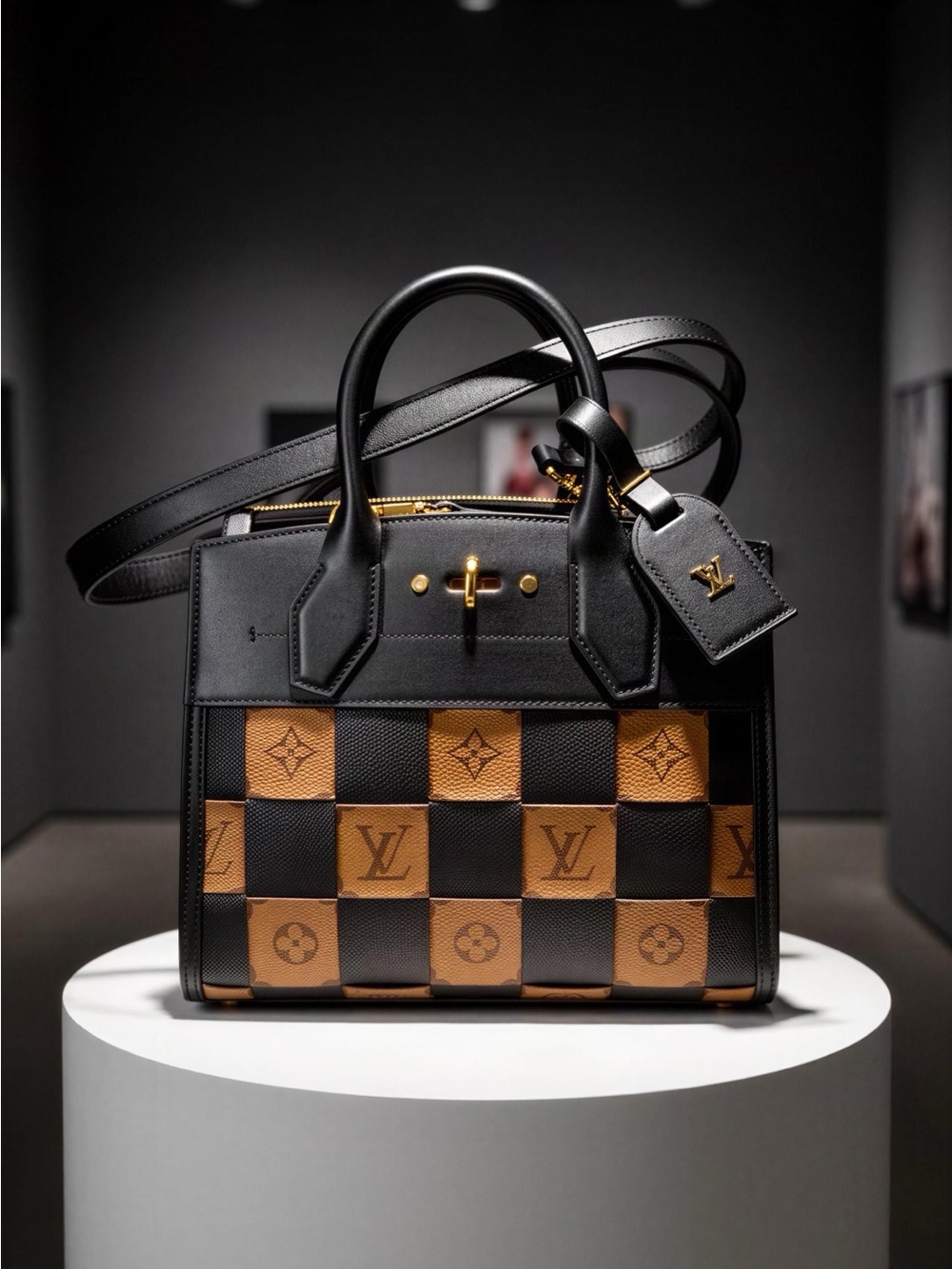 Louis Vuitton Black & Tan Checkerboard Leather Satchel with Gold Hardware